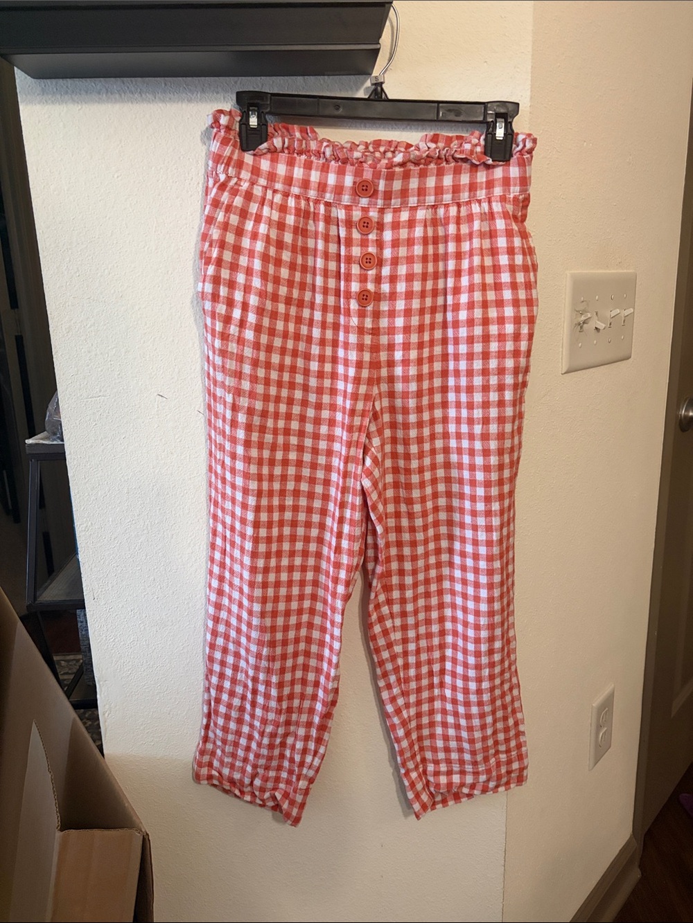 LOFT Red and White Gingham Cropped Pants